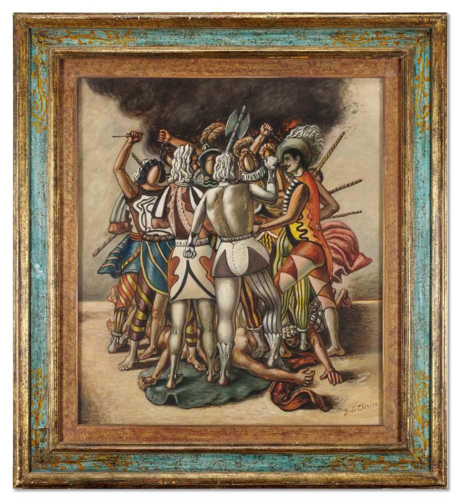 Giorgio de Chirico, "Combattimento di Puritani" 1959-60, olio su tela, cm 85x74,5. Firmato in basso a destra. Stima € 150.000 - 200.000 