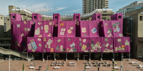 Installation view of "Ibrahim Mahama: Purple Hibiscus" at Barbican Lakeside until August 18, 2024. Photo: © Dion Barrett, courtesy of Barbican Centre.