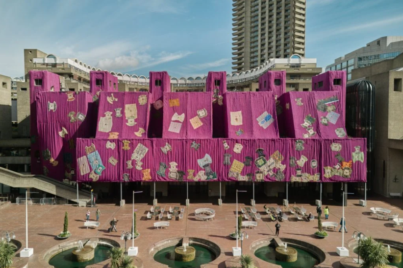 Installation view of "Ibrahim Mahama: Purple Hibiscus" at Barbican Lakeside until August 18, 2024. Photo: © Dion Barrett, courtesy of Barbican Centre.