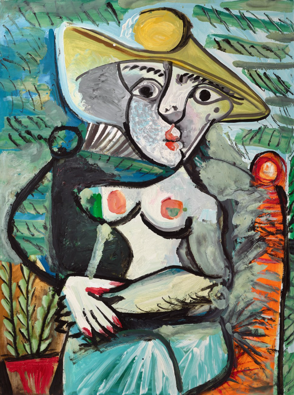  PABLO PICASSO (1881-1973) Femme au chapeau assise oil and Ripolin on canvas Painted in Mougins on 28 July 1971. Estimate: $20,000,000-30,000,000 PABLO PICASSO (1881-1973) Femme au chapeau assise oil and Ripolin on canvas Painted in Mougins on 28 July 1971. Estimate: $20,000,000-30,000,000 