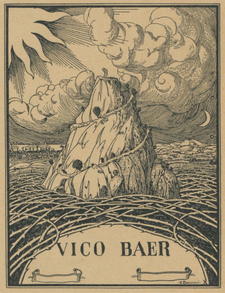 Umberto Boccioni (Reggio Calabria, 1882-Verona, 1916), Ex libris Vico Baer, 1911, cliché al tratto. Collezione Simone Bandirali, Crema