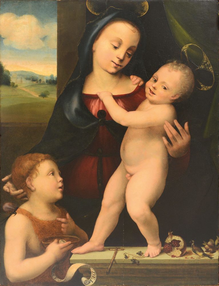 MARIOTTO ALBERTINELLI [13/10/1474 - 05/11/1515] La Vergine con il Bambino e San Giovannino Tempera e olio su tavola, 81x60,5 cm