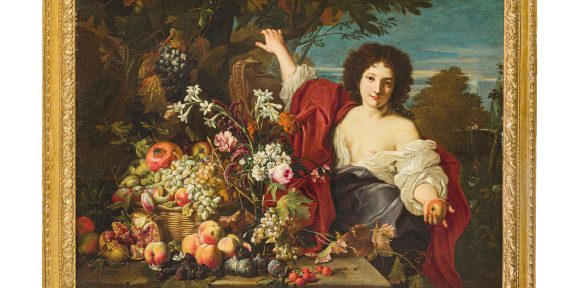 ABRAHAM BRUEGHEL (Anversa, 1631 - Napoli, 1697) Natura morta con fiori, frutta, figura femminile e paesaggio sullo sfondo Firmato A. Bruegel F. Romae in basso al centro Olio su tela, cm 114X157 ESTIMATE € 24.000 - 32.000