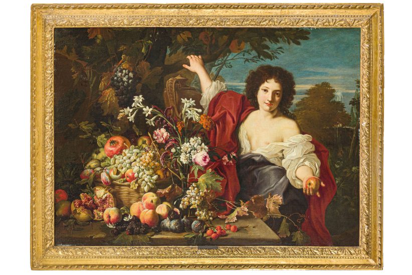 ABRAHAM BRUEGHEL (Anversa, 1631 - Napoli, 1697) Natura morta con fiori, frutta, figura femminile e paesaggio sullo sfondo Firmato A. Bruegel F. Romae in basso al centro Olio su tela, cm 114X157 ESTIMATE € 24.000 - 32.000