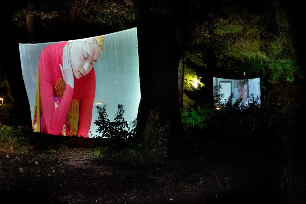Scent from Heaven. Installation view. Multimedia treescape installation, featuring 3 different films from the project. Planten un Blomen Park Hamburg. 2023. Photography: Fabian Sschwarze. @ Hiền Hoàng