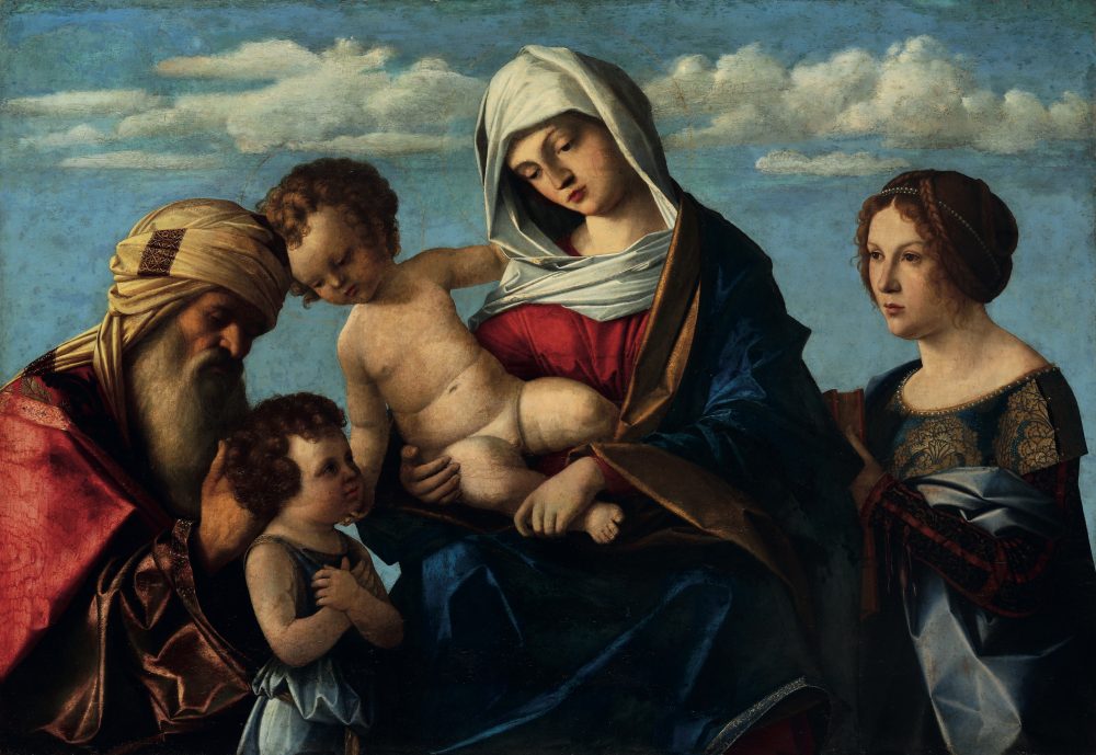 Vincenzo Catena (VENEZIA, 1480 - ?, 1531), Madonna con Bambino e San Giovannino tra i santi Zaccaria e Caterina da Siena. Stima € 20.000,00 / 30.000,00