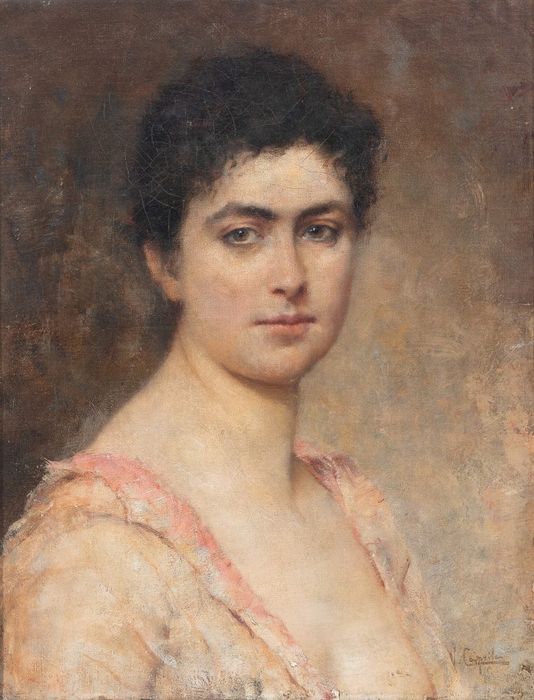 Vincenzo Caprile (NAPOLI, 1856 - NAPOLI, 1936, Ritratto femminile in elegante abito rosa. Stima 1.300,00 / 1.500,00 euro