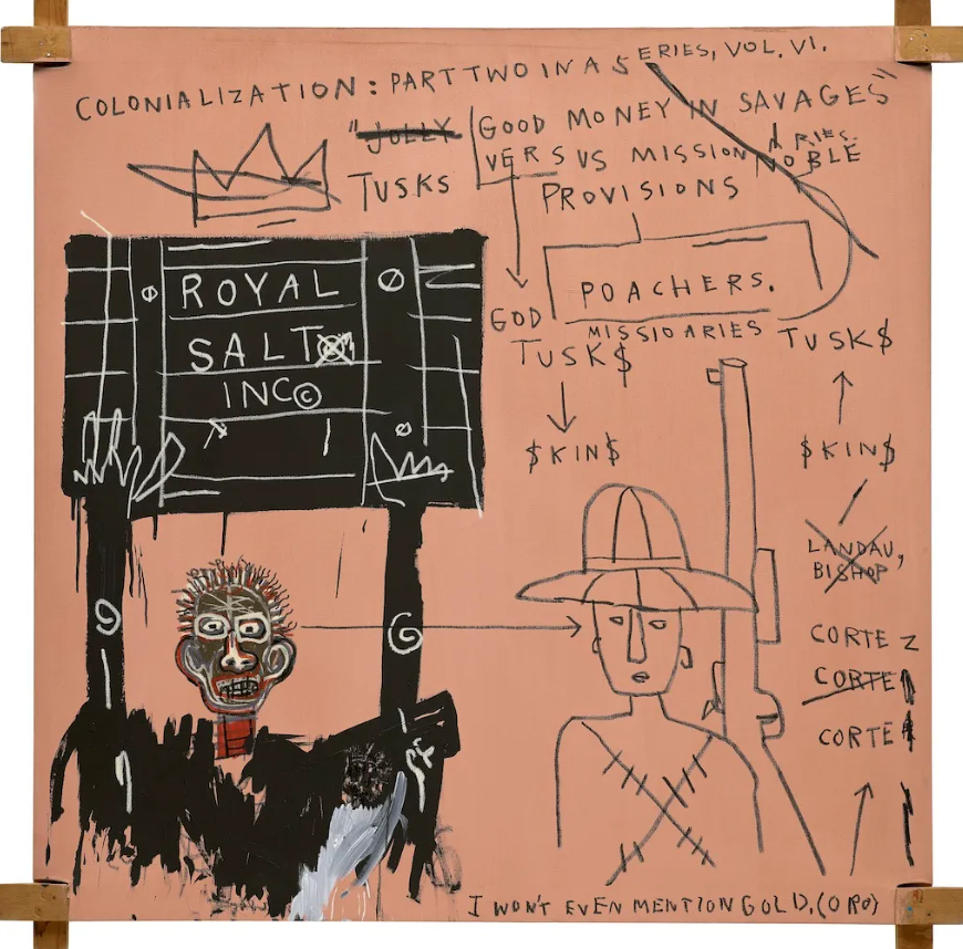 Jean-Michel Basquiat’s 1982 work Native Carrying Some Guns, Bibles, Amorites on Safari. JEAN BOURBON