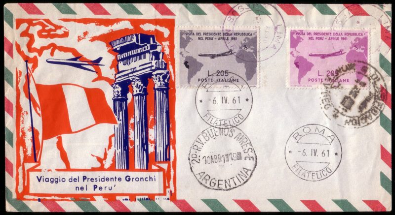 Lotto 322 REPUBBLICA 1961 (6 apr.) Busta non impostata, senza lembo di chiusura al verso, con "Gronchi grigio" timbrato a Roma il 6 aprile e "Gronchi rosa". La busta venne trasportata a mano nelle tappe di Montevideo, Buenos Aires e Lima Particolare busta con gli annulli di tutte le tappe del viaggio del Presidente Gronchi Cover..........(Sass. 920/921) Stima € 1.000 - 1.200