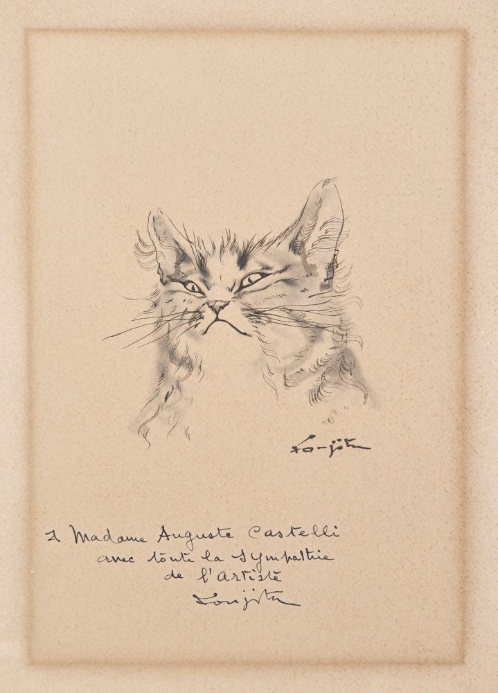 Lotto 51Léonard Tsuguharu Foujita, "Il gatto", tecnica mista su carta (cm 29x19). Stima € 3.000 - 4.000 