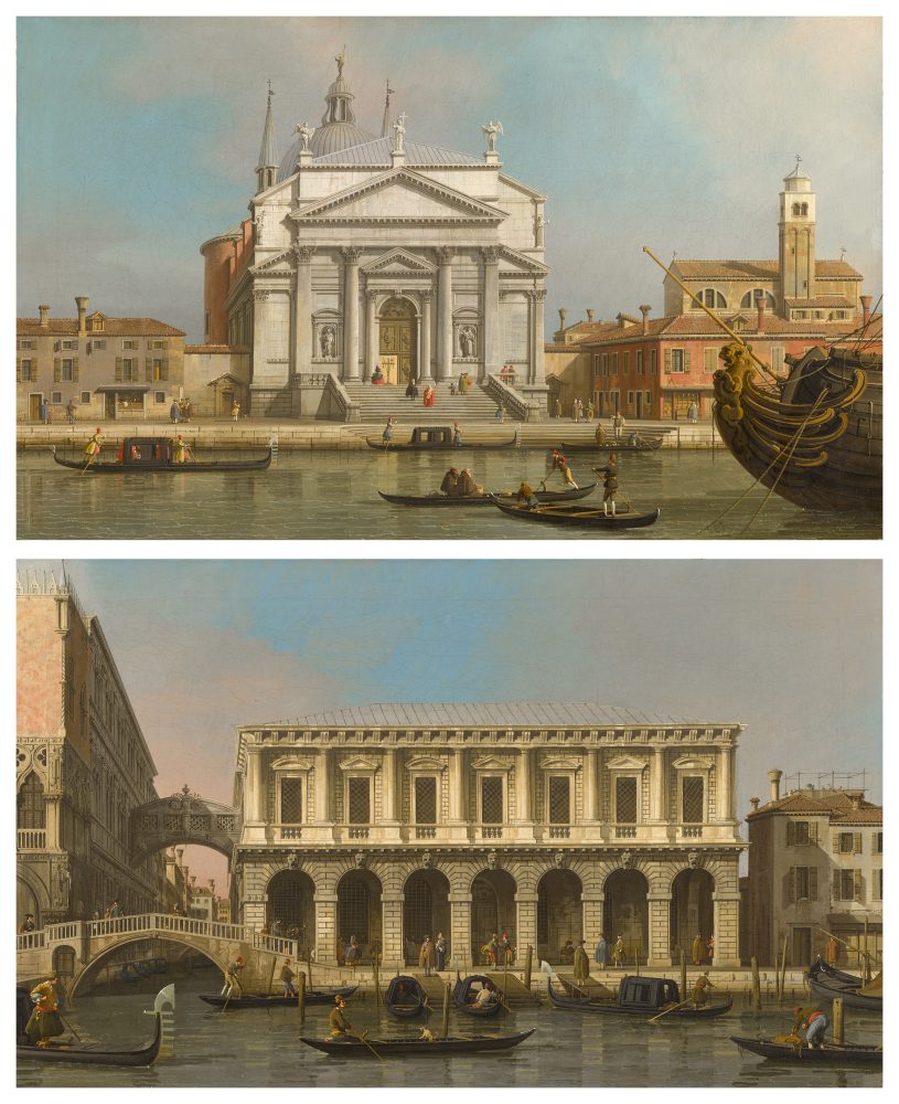 Lot 14, Giovanni Antonio Canal, called Canaletto, Venice, a pair of views The Churches of the Redentore and San Giacomo; The Prisons and the Bridge of Sighs, est 2,500,000 - 3,500,000