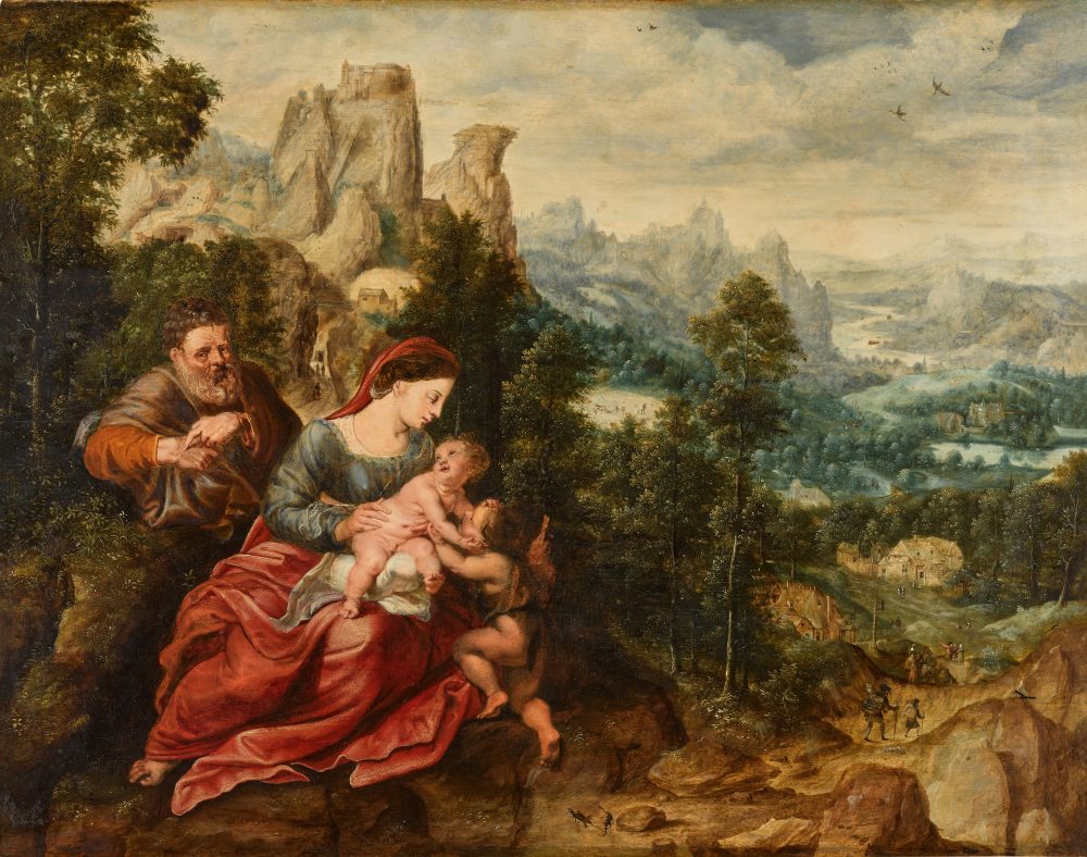 Lot 5, Herri met de Bles and Sir Peter Paul Rubens, The Holy Family with the Infant Saint John the Baptist in an extensive landscape with travellers, est 600,000 - 800,000 GBP