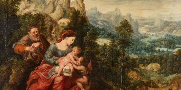 Lot 5, Herri met de Bles and Sir Peter Paul Rubens, The Holy Family with the Infant Saint John the Baptist in an extensive landscape with travellers, est 600,000 - 800,000 GBP