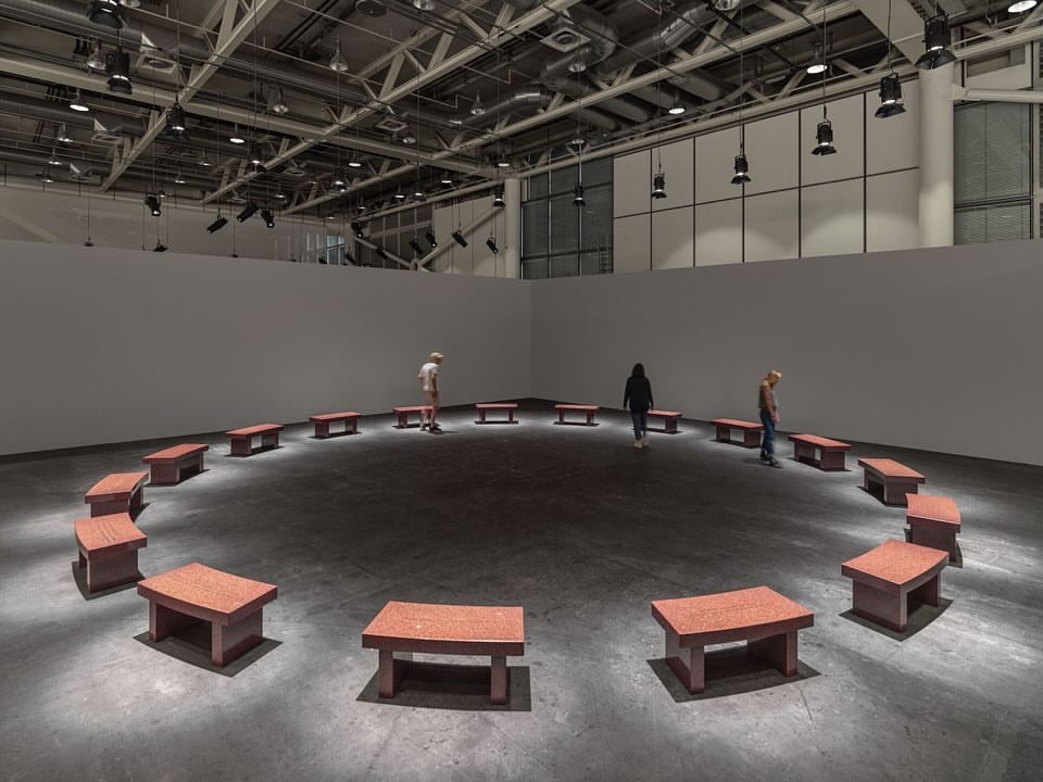 nstallation views: Jenny Holzer “Survival,” 1989. 17 Indian red granite benches Ed. 2/2 + 1 AP Each bench: 43.2 x 106.7 x 45.7 cm / 17 x 42 x 18 in Installation diameter: 1127.7 cm / 444 in © 2024 Jenny Holzer, Artists Rights Society (ARS), New YorkPhoto: Stefan Altenburger Photography Zürich; Thomas Barratt c/o @hauserwirth 