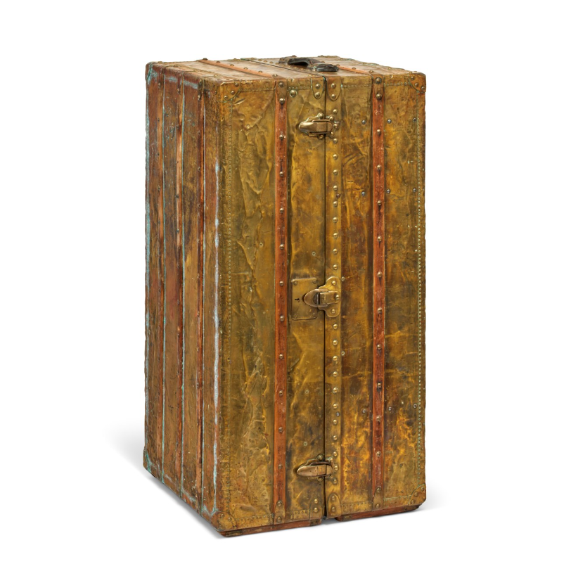 A rare, hermetic copper explorer wardrobe trunk with brass hardware. Sold for 189.000