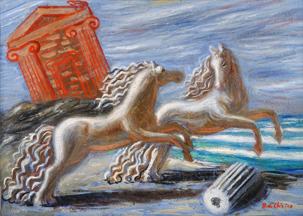 Giorgio de ChiricoCavalli Antichi, 1927
Olio su tela, 32,5x45 cm
Collezione privata
© Giorgio de Chirico by SIAE 2024