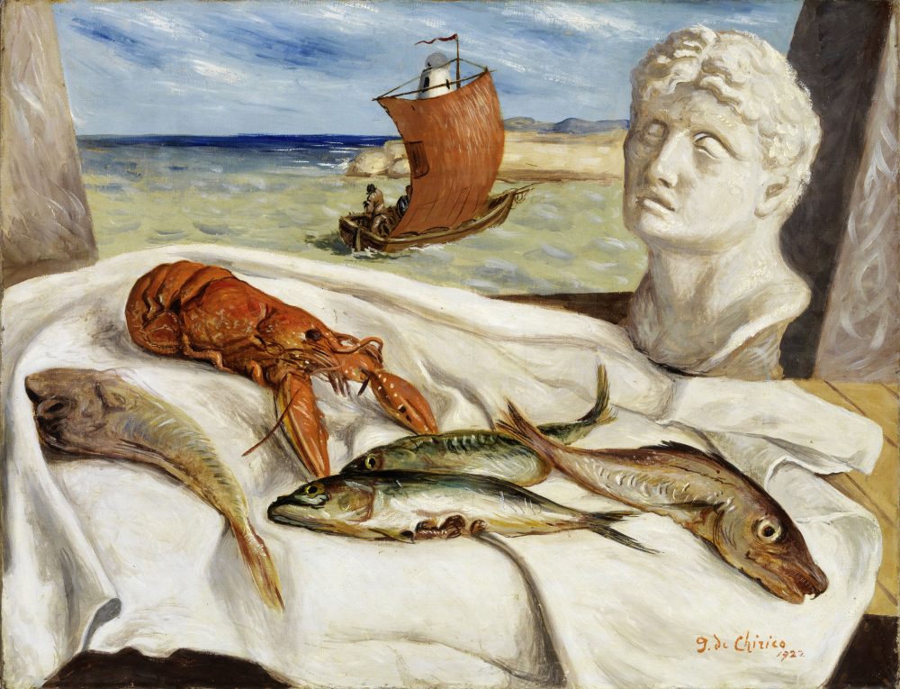 Giorgio de ChiricoL’aragosta (Natura morta con aragosta e calco), 1922
Olio su tela, 77x99 cm
Farsettiarte, Prato
© Giorgio de Chirico by SIAE 2024