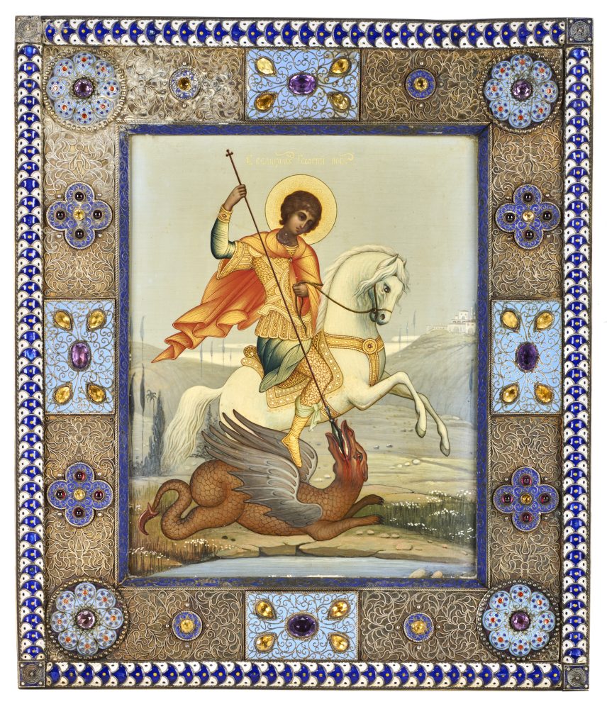 Lotto 171Arte russa, secolo XX. Icona a tempera su tavola raffigurante San Giorgio e il drago con cornice in argento (84 zolotniki), filigrana d'argento e smalti policromi, decorata con ametiste, quarzo citrino, cabochon di granati e paste vitree. Mosca, 1908-1917. Argentiere Pavel Ovchinnikov, con marchio dell'assaggiatore della Corte Imperiale (cm 27x31). Stima € 20.000 - 25.000 