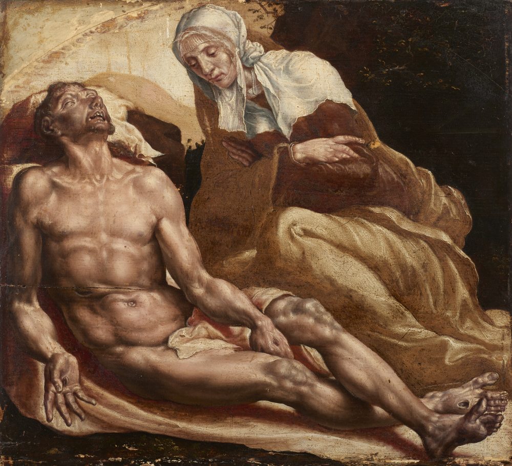 Lotto 305Maarten van Heemskerck (Heemskerck 1498 - Haarlem 1574) (attr.). "Pietà", olio su tavola (cm 32,5x36). Stima € 40.000 - 50.000 