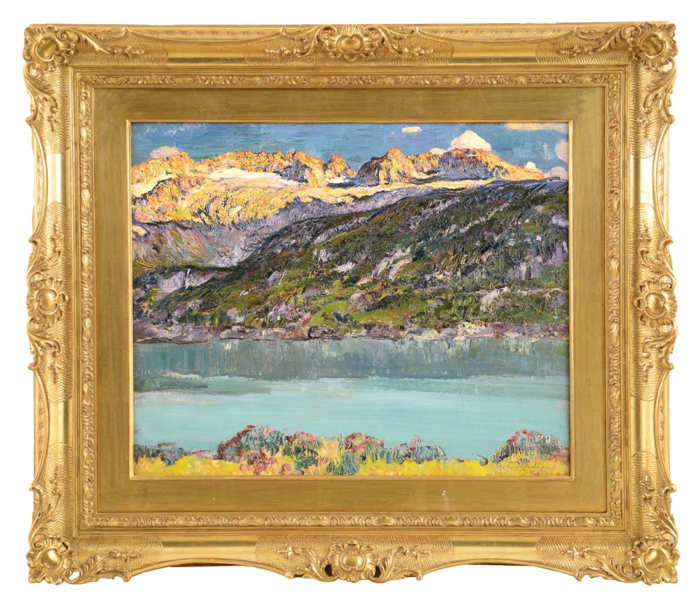 ANDREA TAVERNIER [Torino 23/12/1858 - Grottaferrata (Roma) 16/11/1932]Cime innevate sul lago olio su tela 56x65 cm, firma in basso a destra. base d’asta: 10.000 €