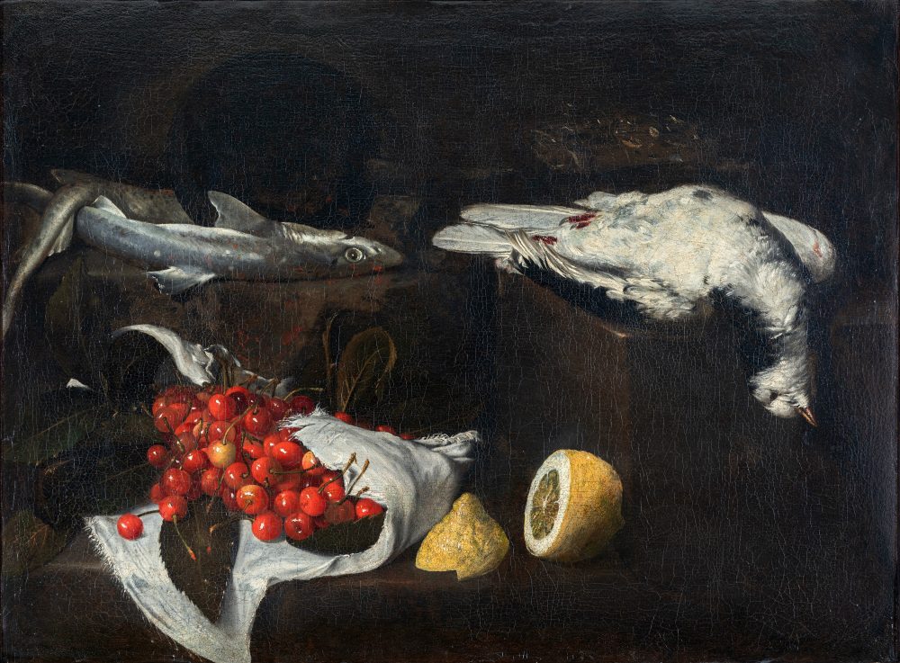 Giovan Battista Ruoppolo (Napoli, 1629 – 1693)Cherries, lemons and fish on a plane