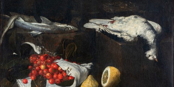 Giovan Battista Ruoppolo (Napoli, 1629 – 1693) Cherries, lemons and fish on a plane