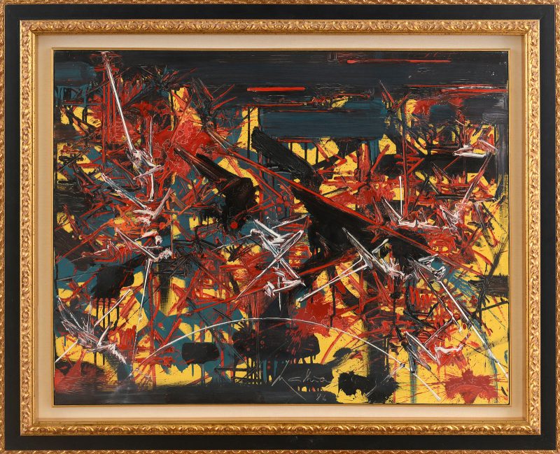 GEORGES MATHIEU [Boulogne sur Mer 1921 - Boulogne-Bilancourt 12/06/2012] L'espace lontain, 1986 olio su tela 73,5x92 cm, firma e anno in basso al centro, titolo al retro, dichiarazione d'autenticità e timbri della Galleria Nuova Gissi (TO) su foto. base d’asta: 80.000 €