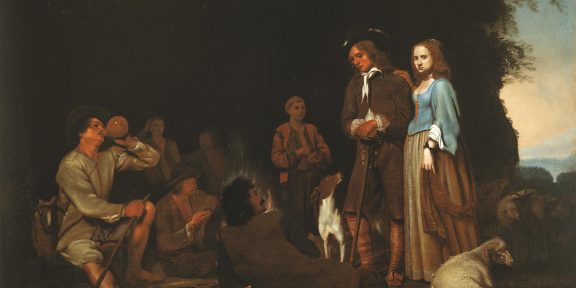 Michael Sweerts e collaboratore («P.F.N.») Coppia elegante in visita ai pastori, 1648-1650 olio su tela, 74,5 x 98 cm Courtesy Accademia Nazionale di San Luca, Roma Foto Giordano Bufo