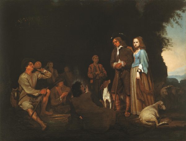 Michael Sweerts e collaboratore («P.F.N.») Coppia elegante in visita ai pastori, 1648-1650 olio su tela, 74,5 x 98 cm Courtesy Accademia Nazionale di San Luca, Roma Foto Giordano Bufo