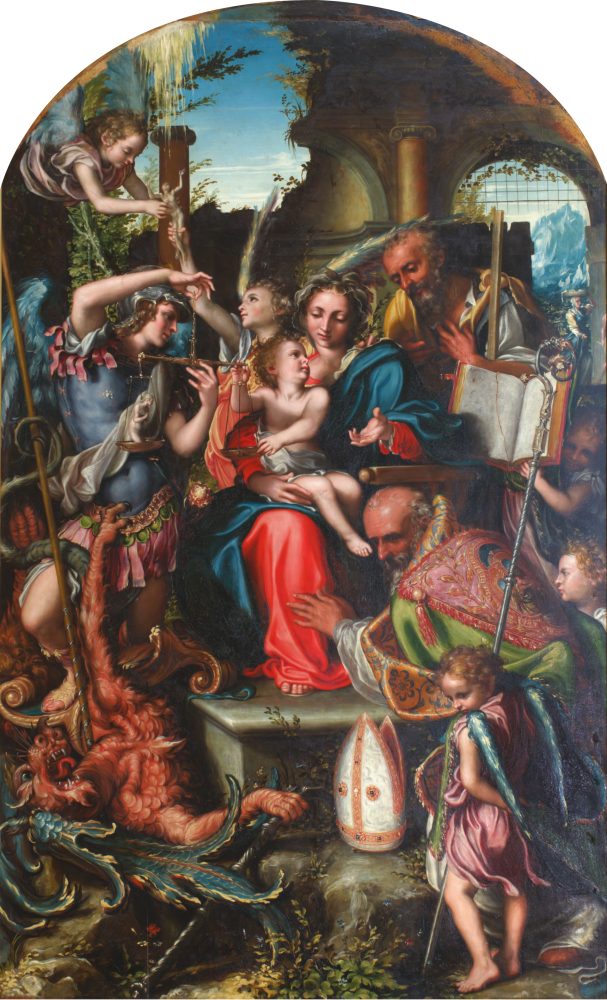 Giorgio Gandini del Grano, Sacra Famiglia coi santi Michele arcangelo, Bernardo da Chiaravalle e angeli, 1534-1535, olio su tavola, cm 251 x 151, Galleria Nazionale, Complesso monumentale della Pilotta Provenienza: Eseguita per l’altar maggiore della chiesa di San Michele dell’Arco a Parma; trasportata a Parigi nel 1796; riportata a Parma nel 1816 dove Donati nel 1824 la ricorda all’Accademia di Belle Arti