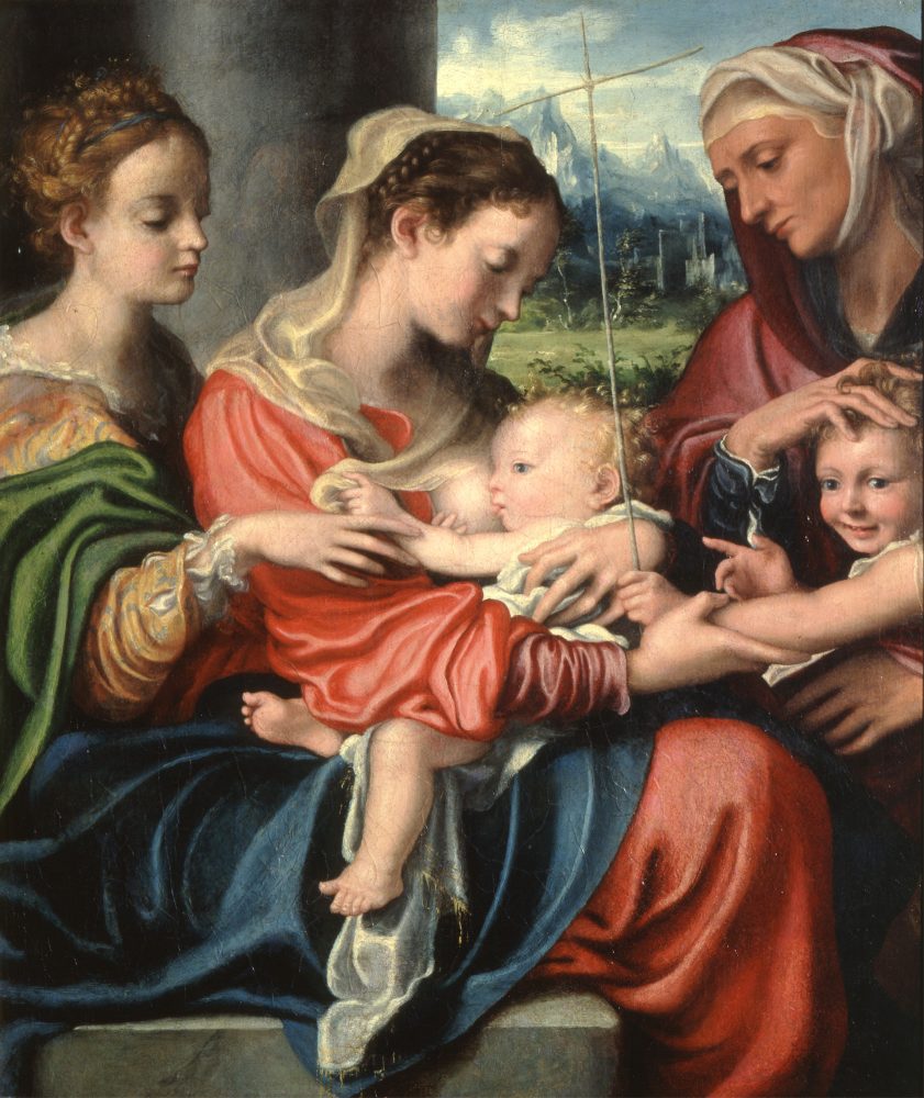 Giorgio Gandini del Grano, Madonna che allatta il Bambino, san Giovannino e le sante Maria Maddalena ed Elisabetta, 1530 ca, olio su tela, cm 81 x 68, Galleria Nazionale, Complesso monumentale della Pilotta Provenienza: Parma, collezione Dalla Rosa Prati, 1851