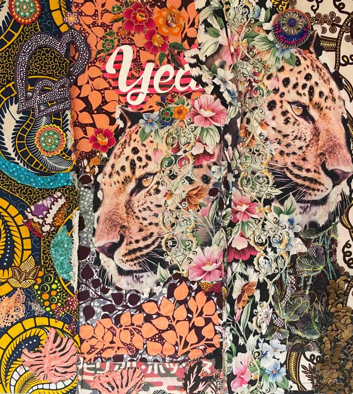 Felipe Cardeña, Double Dream, 2023, fabrics, embroideries, jewels, beads and mixed media on canvas, cm 57x63