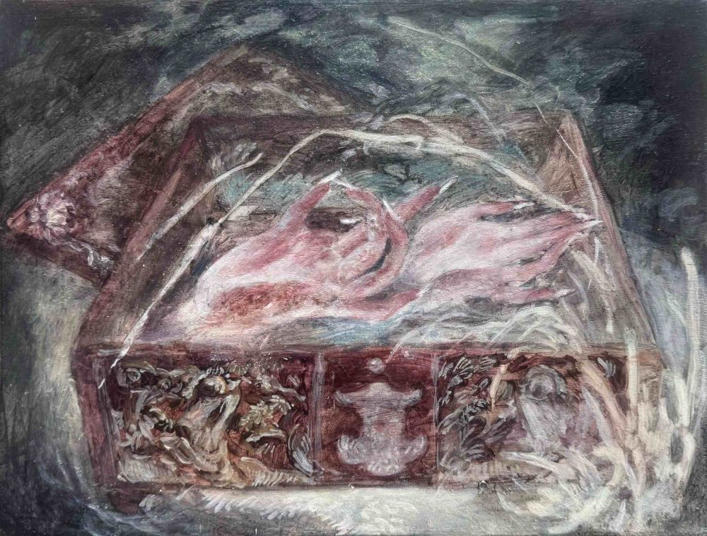 Lin Hongjing, Black Feng-Huang, oil on wood, 20x25cm, 2025