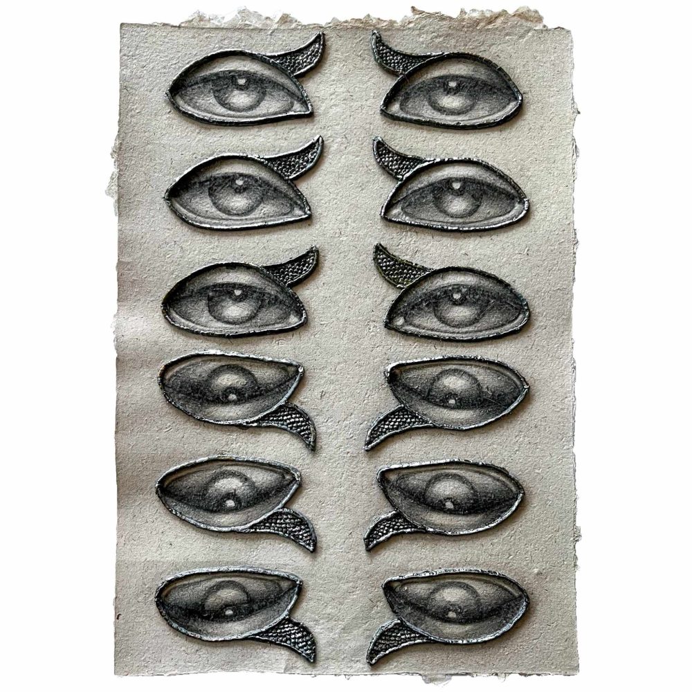 Zayn Qahtani, Reflecting, Chrome gilt polylactide, Bahrain date palm paper, graphite, 43 x 30 cm, 2024