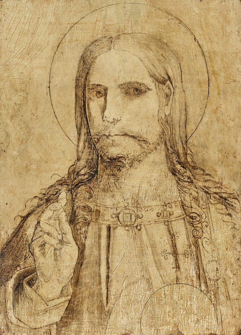 Bottega di Leonardo da Vinci, Fernando Llanos (Valencia? ca. 1475/80 – post 1521), Salvator Mundi, sul verso iscrizione illeggibile: L[A] D[A] V / 1504, inchiostro nero su tavola preparata, 53,2 x 38,3 cm, prezzo realizzato € 650.000