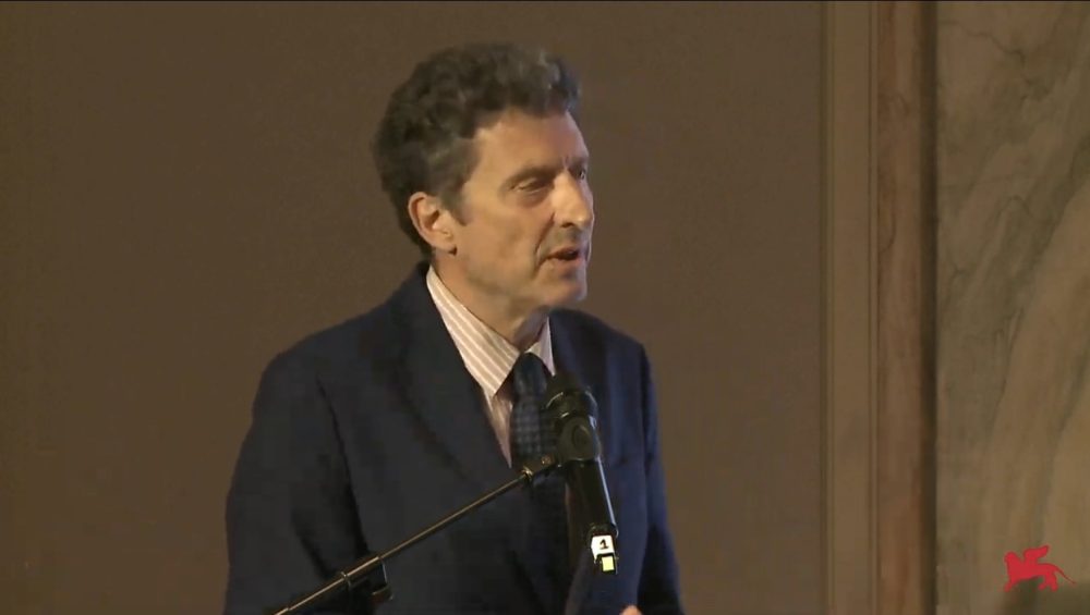 Il presidente della Biennale di Venezia Pietrangelo Buttafuoco durante la conferenza