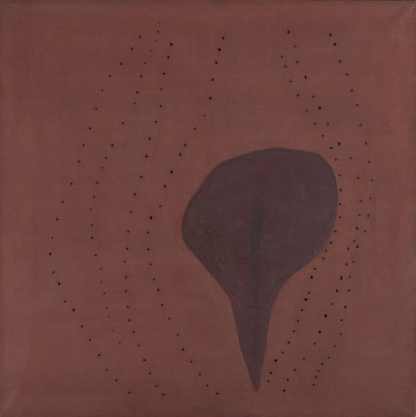 Lucio Fontana, "Concetto spaziale, Forma", 1957. Aniline and collage on canvas, holes. Image 150 x 150 cm. © Fondazione Lucio Fontana, Milano, by SIAE 2025