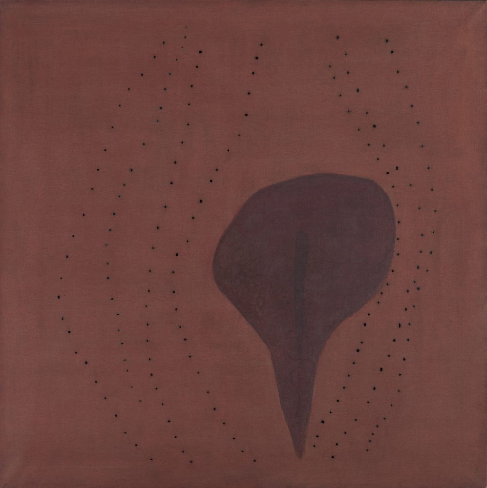 Lucio Fontana, "Concetto spaziale, Forma", 1957. Aniline and collage on canvas, holes. Image 150 x 150 cm. © Fondazione Lucio Fontana, Milano, by SIAE 2025
