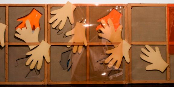 Vasco Bendini, ''La mano di Vasco'', 1967, trittico, telaio in legno, gomma piuma, tela, cellophane