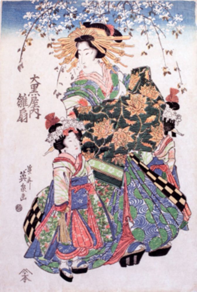 Keisai Eisen, La cortigiana Hinaògi della casa Daikokuya con le sue due kamuro (Daikokuya uchi Hinaògi), 1797-1798