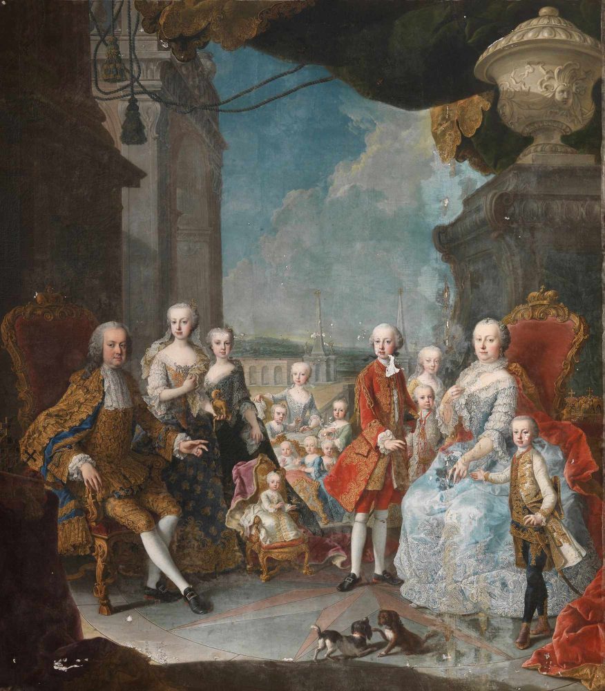 Martin van Meytens, Ritratto di Maria Teresa d’Asburgo, di Francesco I d’Austria e dei loro tredici figli, 1756, olio su tela, 255 x 228 cm, Palazzo Pitti, Firenze