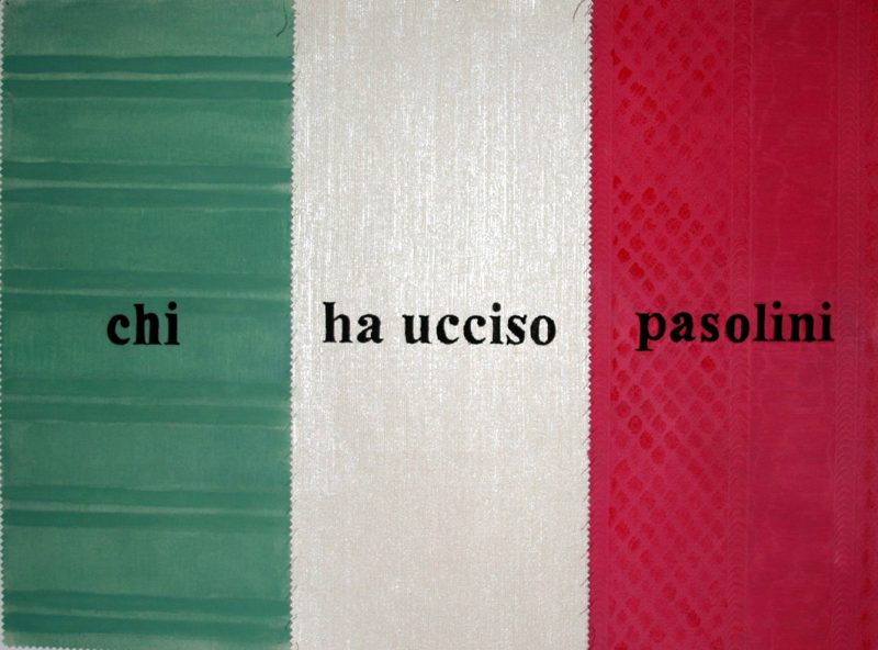 Paolo Angelosanto, Chi ha ucciso a Pasolini, 2009. Acrilico e cucito su carta da parati cm 47 X 63 Cm, nella mostra Motion of a nation