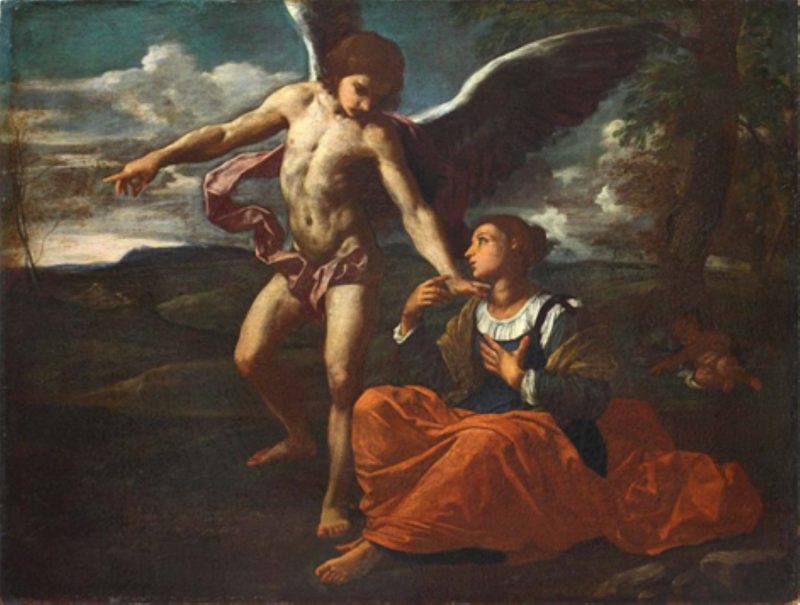 Simone Cantarini, Agar e Ismaele nel deserto con l’arcangelo Michele, olio su tela, cm 59 x 77, Pinacoteca Nazionale di Bologna