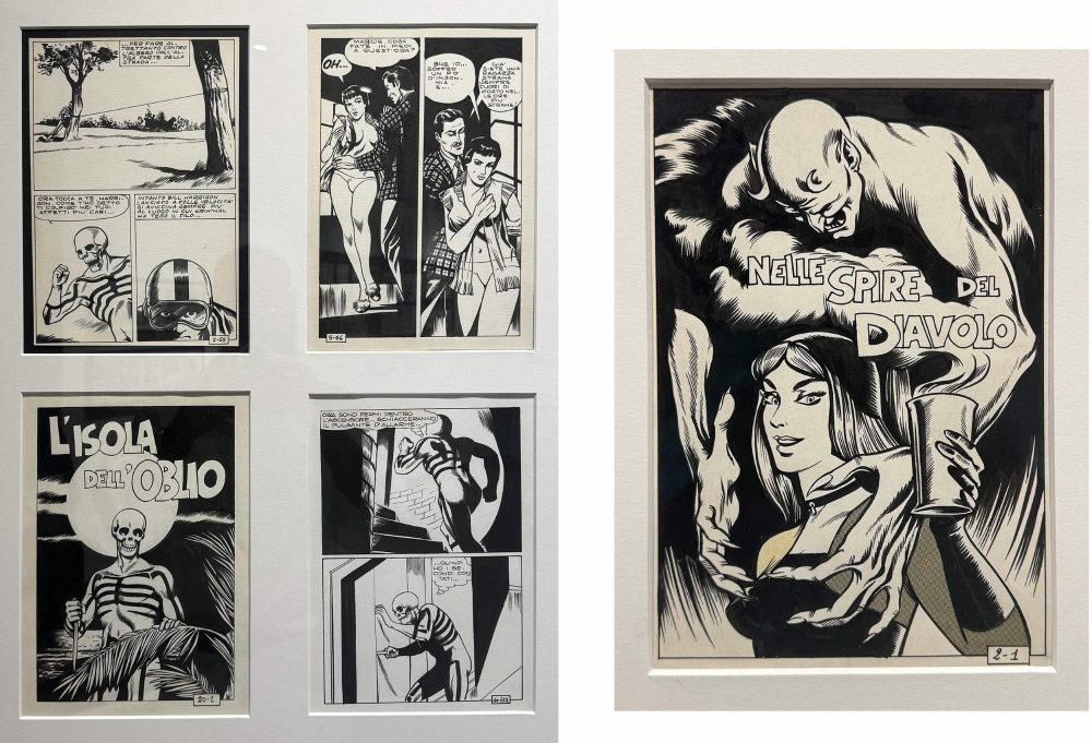 A sinistra pagine dei primi numeri di Kriminal, a destra prima pagina del primo numero di Satanik, 1964