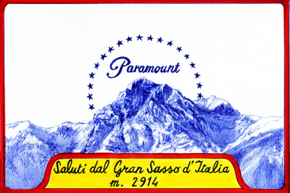 Giuseppe Stampone, Saluti dal Gran Sasso d'Italia m. 2914, 2023, Penna bic su tavola, Courtesy PrometeoGallery Milano