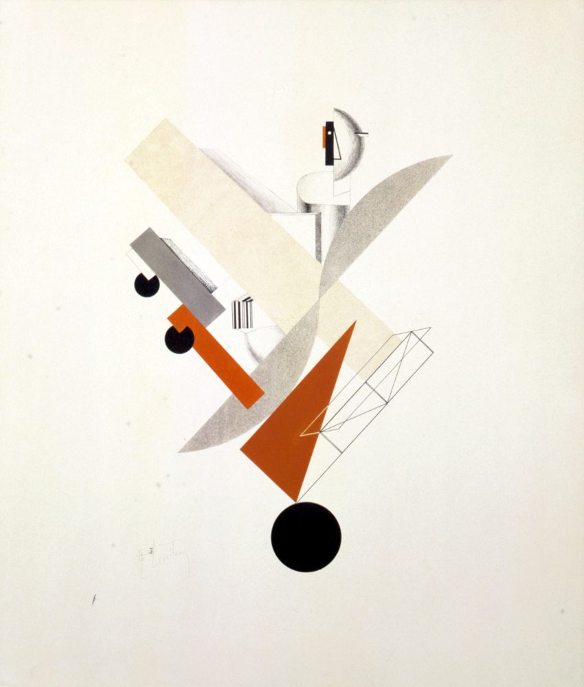 Dal portfolio di El Lissitzky, Figurinen-Mappe [cartella di figurine], 1923, El Lissitzky, Globetrotter (in der Zeit) [Globetrotter nel tempo], 1923, litografia, Fondazione Marguerite Arp, Locarno, Foto Carlo Reguzzi