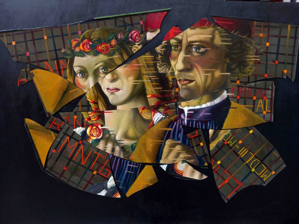 Alfonso Leto, Ritratti immaginari di Andrea Mantegna e Nicolosia Bellini, 2025 . Olio su schermo vitreo in frammenti su tavola, cm 90x115