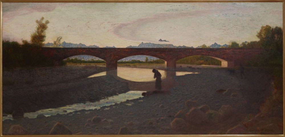 Giuseppe Pellizza da Volpedo, Il ponte, 1904, olio su tela, 113 x 240 cm, Tortona, "il Divisionismo" Pinacoteca Fondazione Cassa di Risparmio Tortona, ph. Carlo Baroni, Rovereto