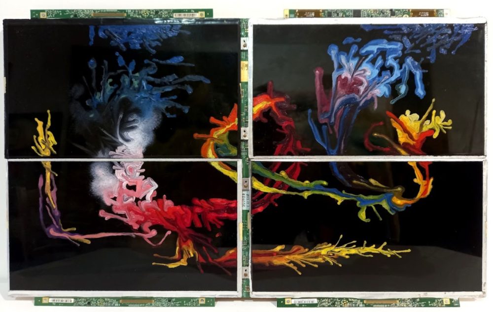 Alfonso Leto, Quaterna, 2022. Olio su 4 schermi lcd assemblati su tavola, cm 28x48