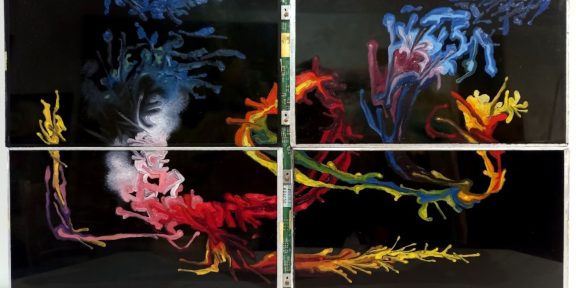 Alfonso Leto, Quaterna, 2022. Olio su 4 schermi lcd assemblati su tavola, cm 28x48